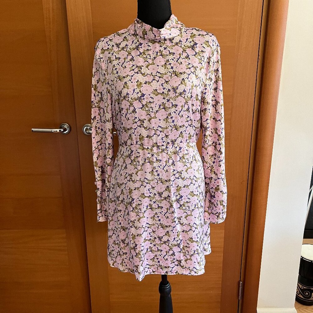 Zara Lavender Pink Floral Satin Mock Turtleneck Mini Dress Size M
